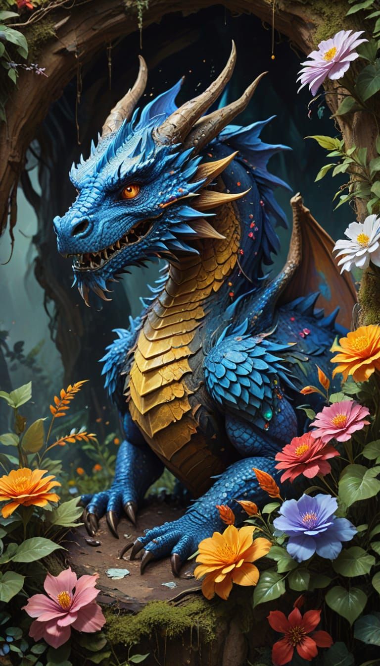 Dragon Emerges in Floral Paradise, Gouache Impasto Painting