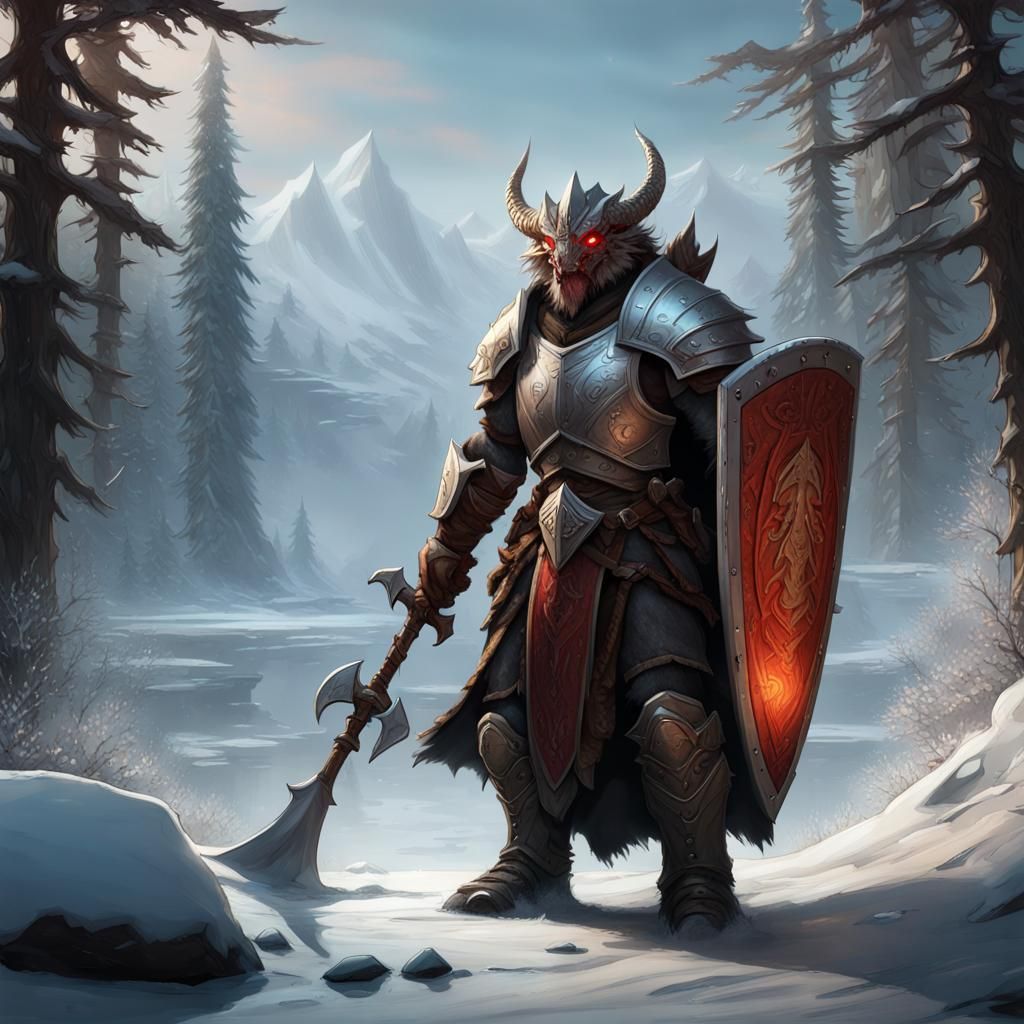 Dragonborn Paladin with Frost Axe in Arctic Landscape