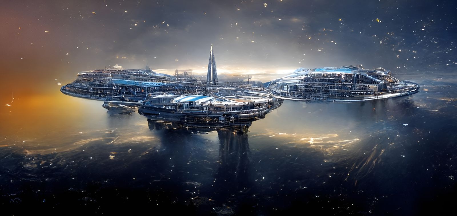 a beautiful 3d landscape scenery of a wide open area with majestic spacedock outer space , highly developed species with...