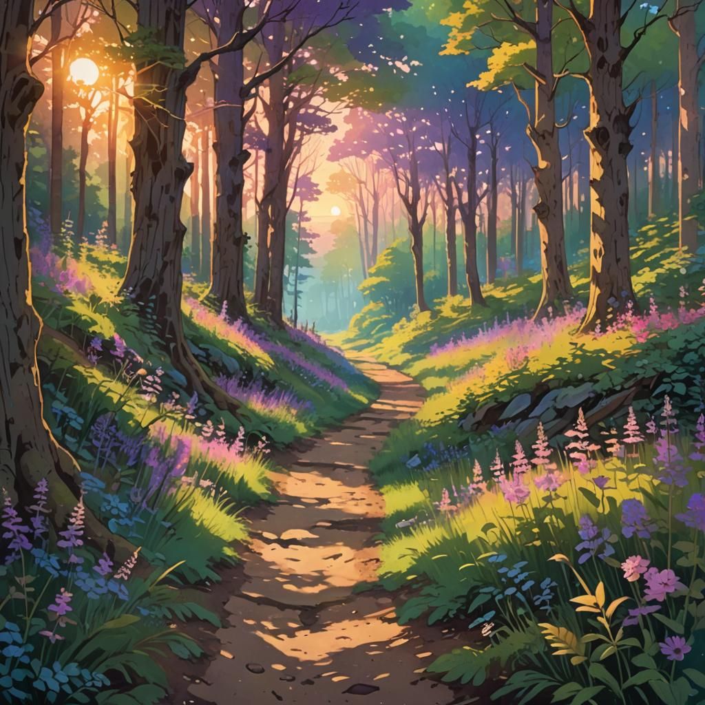Lush Anime Forest Path at Sunset