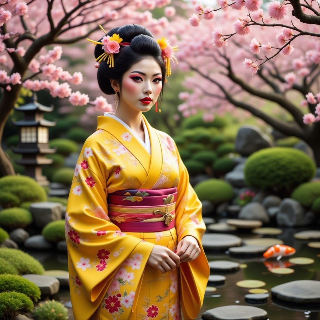 Serene Geisha in Japanese Garden with Cherry Blossoms