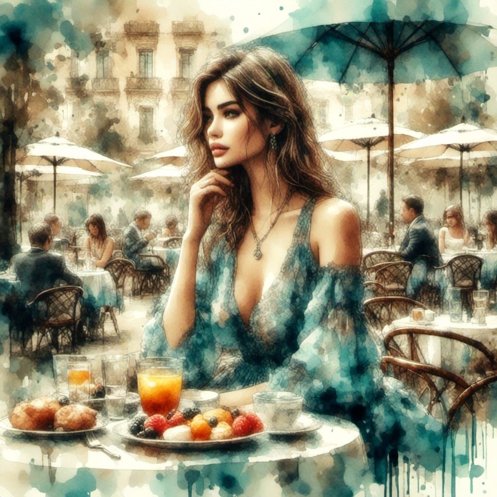 Breakfast at Tiffany's: Impressionistic Watercolor Cafe Scen...