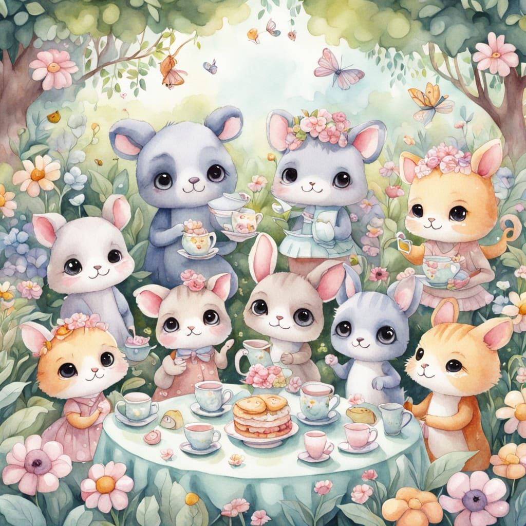 Charming Cartoon Animals Host Tea Party in Lush Garden