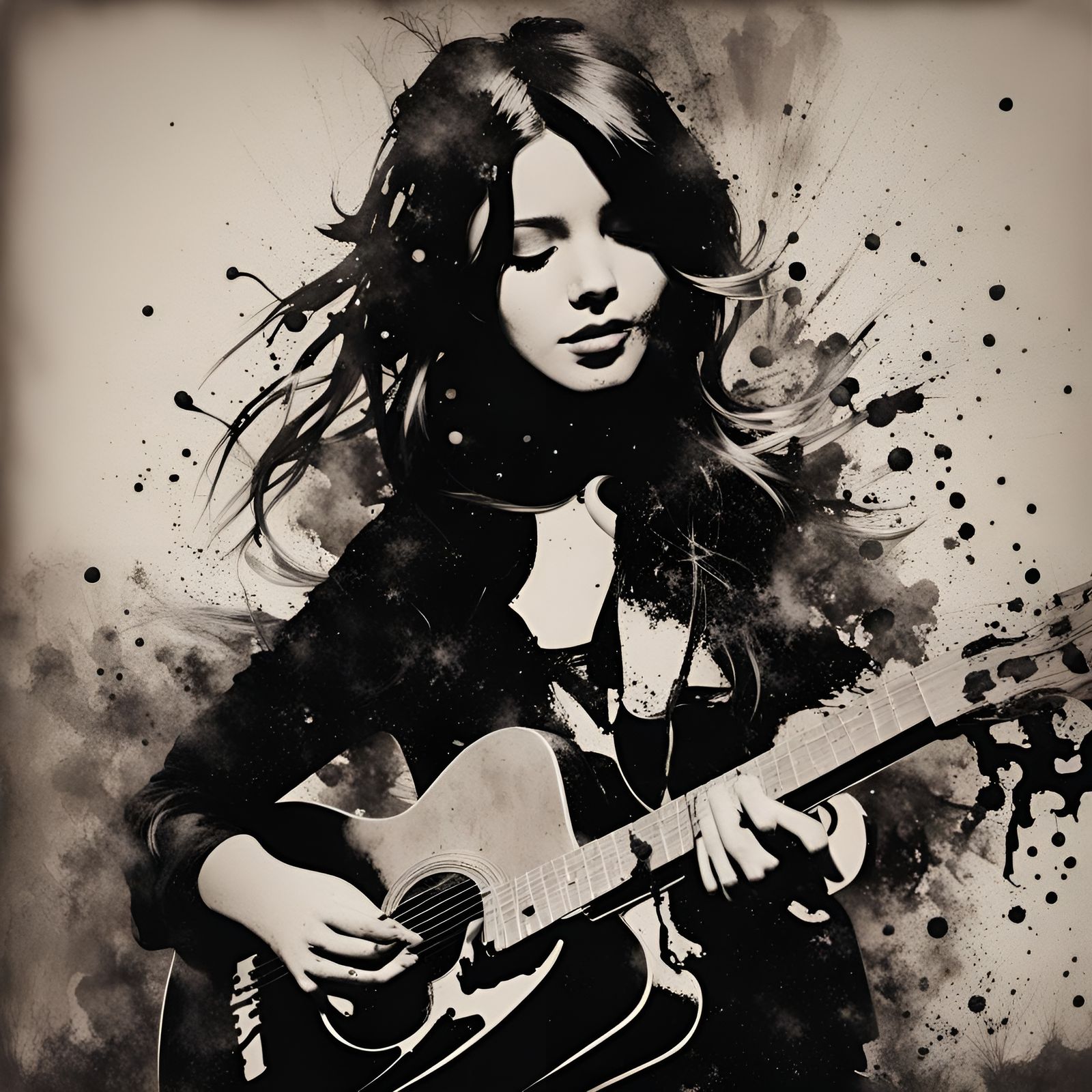Girl Playing Guitar in Ink Splatter Style