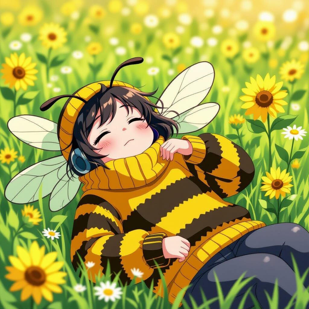 Sleepy Bumblebee Snoring in Sunny Meadow: Anime Style