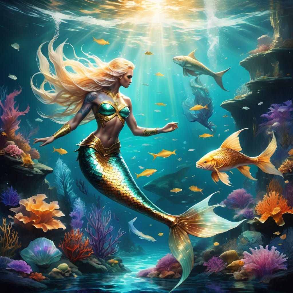 Muscular Merman in Shimmering Mythic Underwater Kingdom