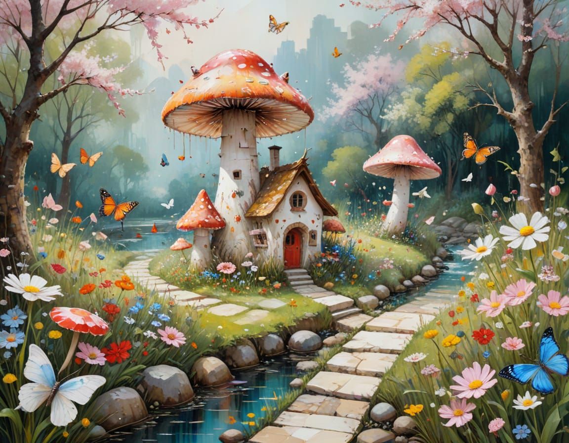 Fairyland Mushroom Village with Butterflies and Wildflowers