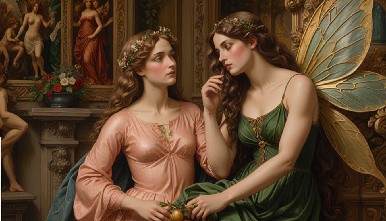 Victorian Fairy Beside Marzipan Adonis in Opulent Room