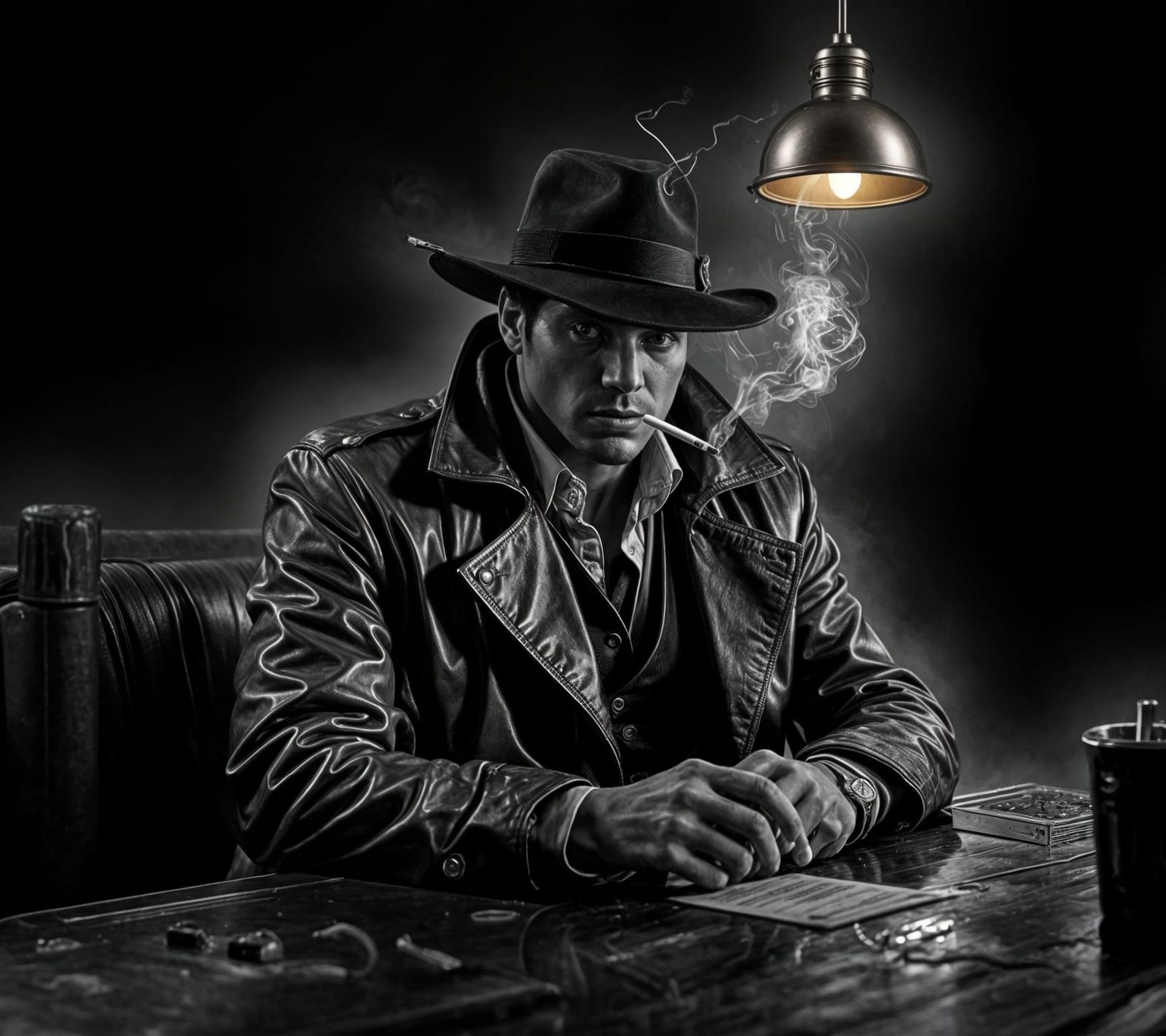 Cyberpunk Detective in Dimly Lit Speakeasy