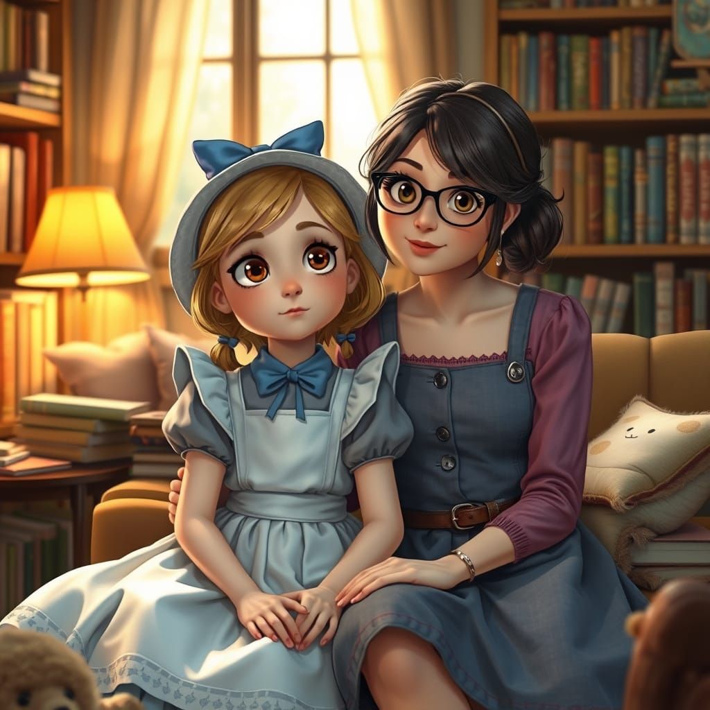 Alice and Mother in Whimsical, Nostalgic Setting