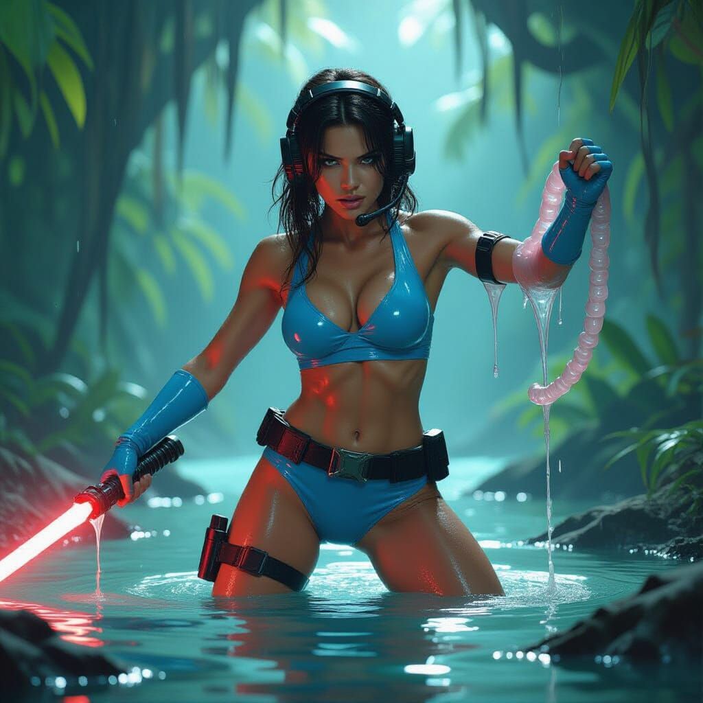 Space Warrior Battles Slime Monster in Alien Swamp