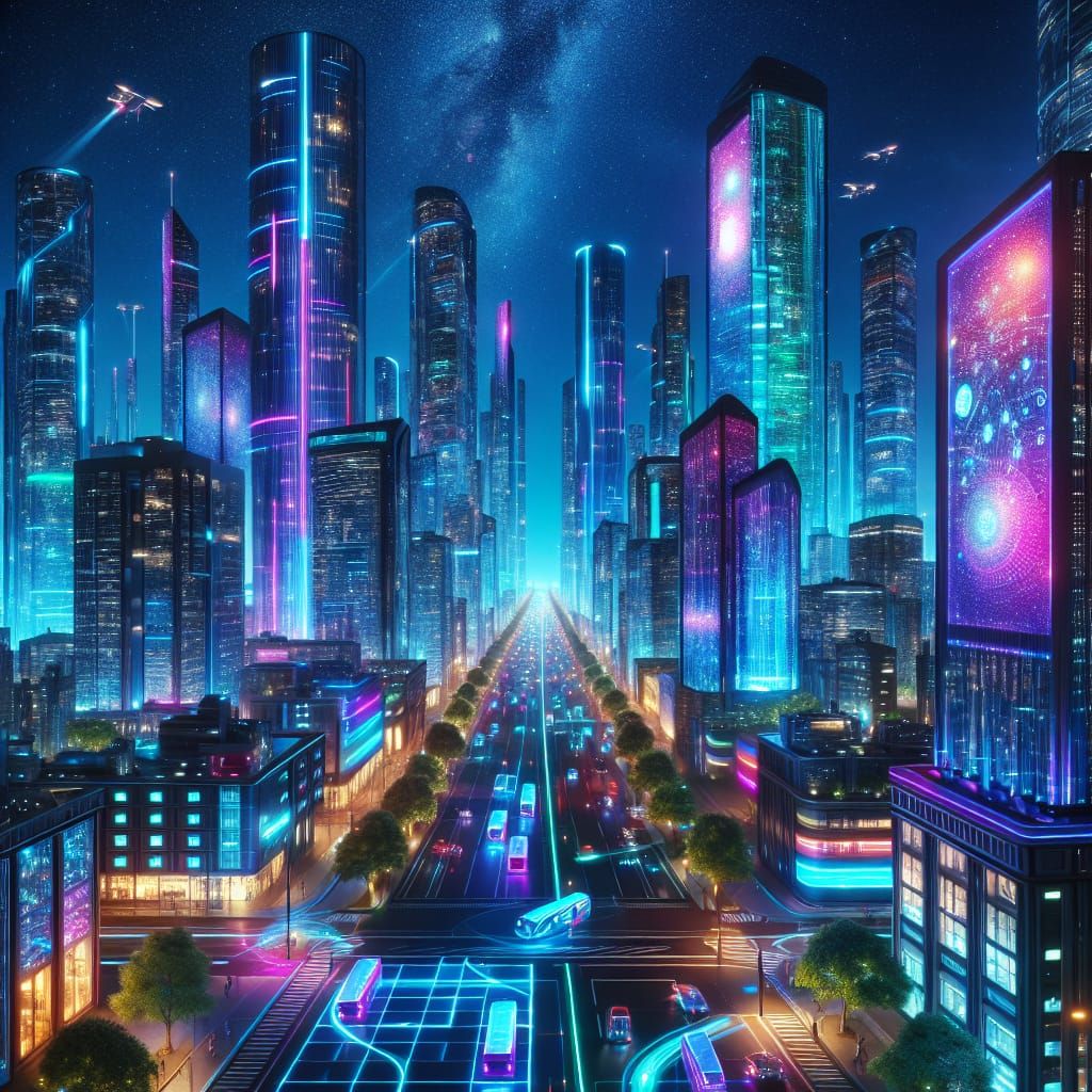 Futuristic Cityscape Shimmers Under Starlit Sky