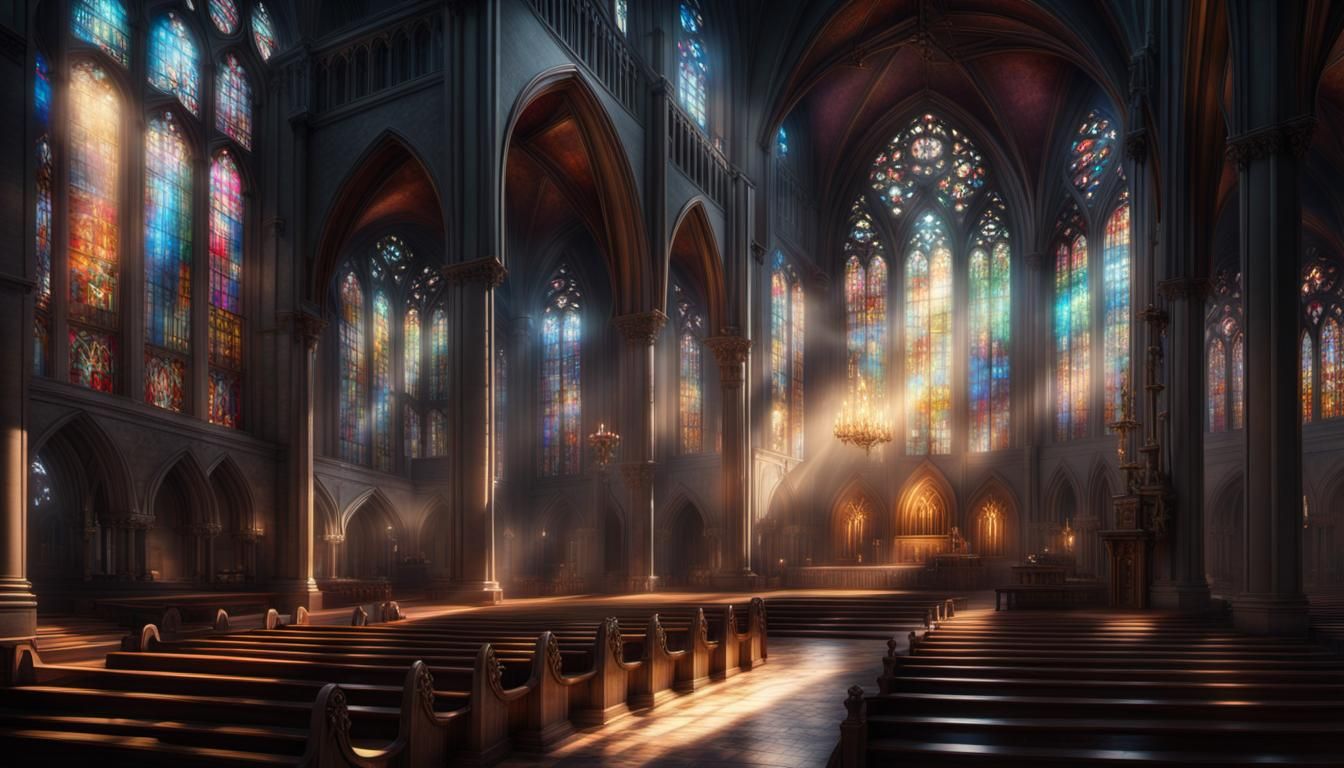 Sunlit Stained Glass in Majestic Church Interior