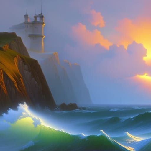Lighthouse on Cliff During Storm with Sunbeams