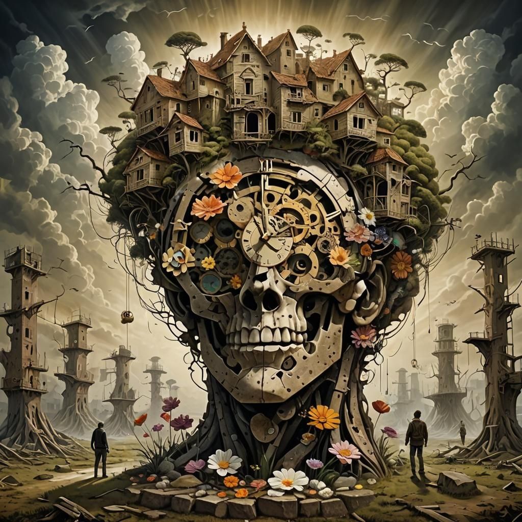 Surreal Melting Figures in Dreamlike Landscape