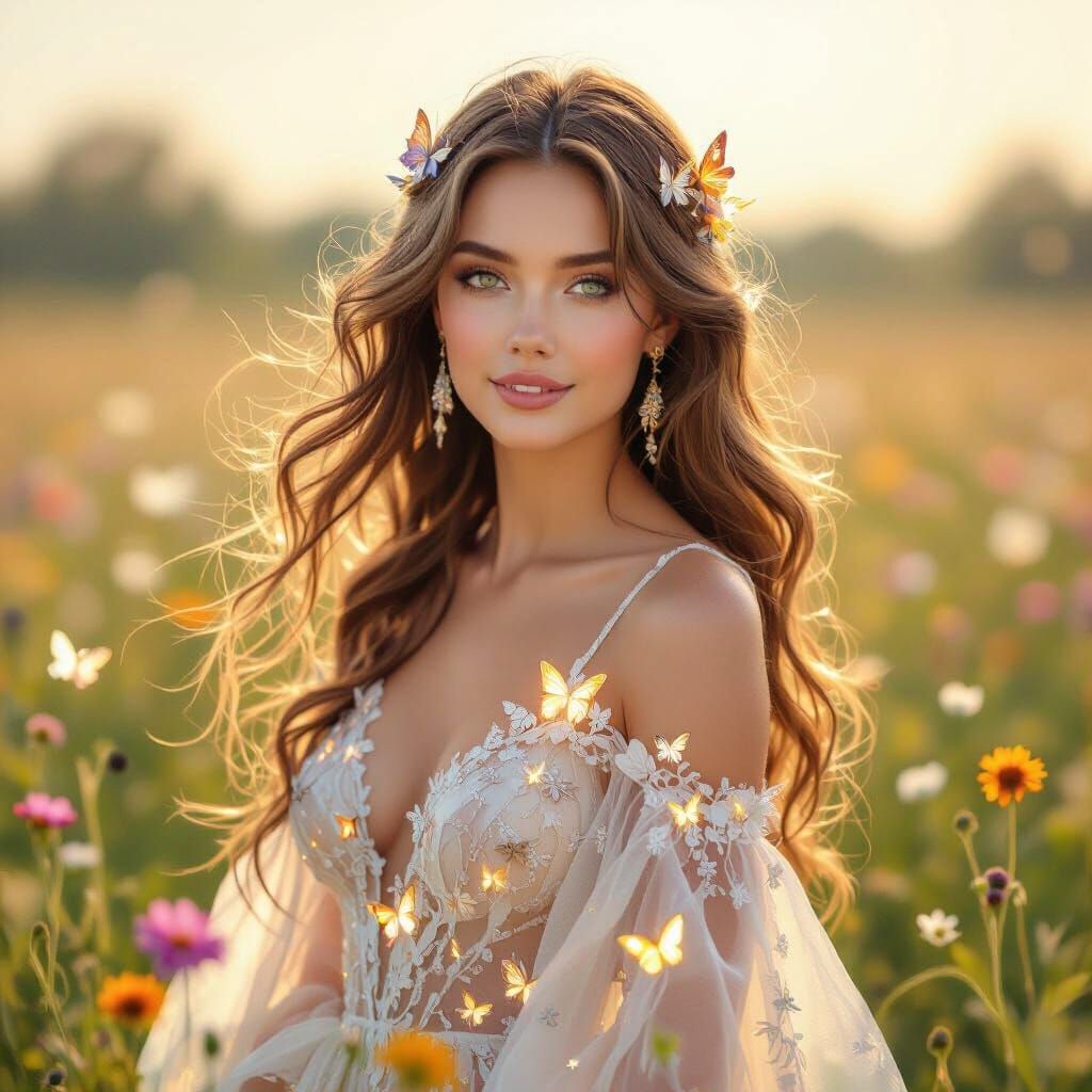Ethereal Woman in Sunlight Gown with Butterflies