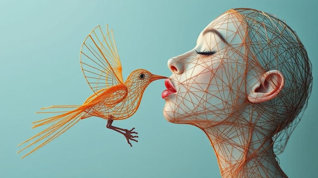 String Woman Kissing String Bird Portrait