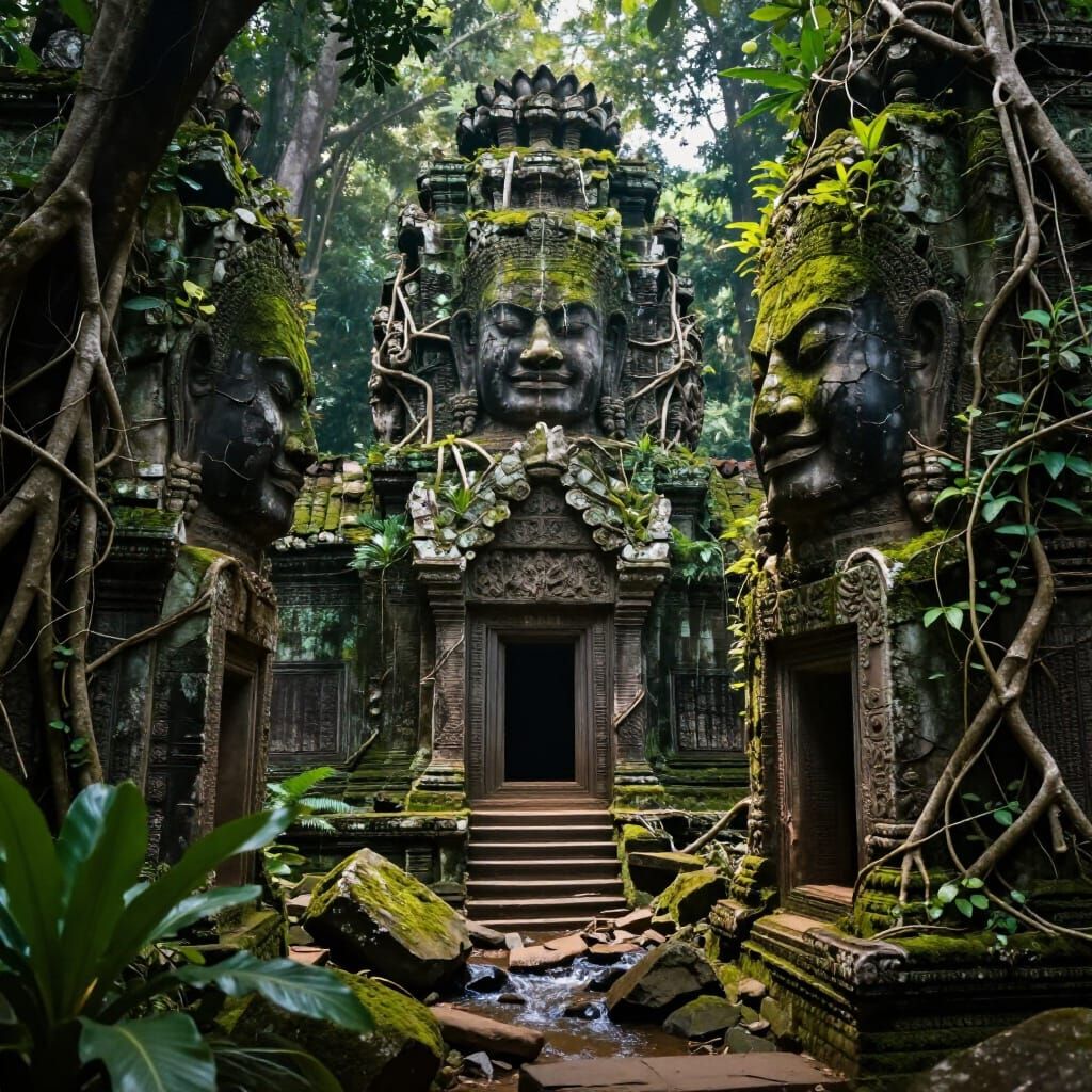 Ancient Khmer Temple Face Sculpture in Sunlit Jungle