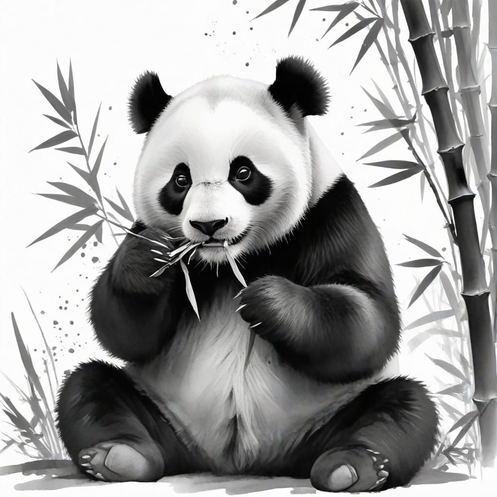 Panda Eating Bamboo in Chinese Ink Painting