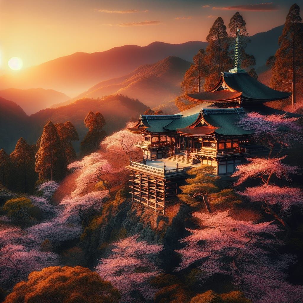 Traditional Japanese Temple Amidst Cherry Blossom Forest at ...