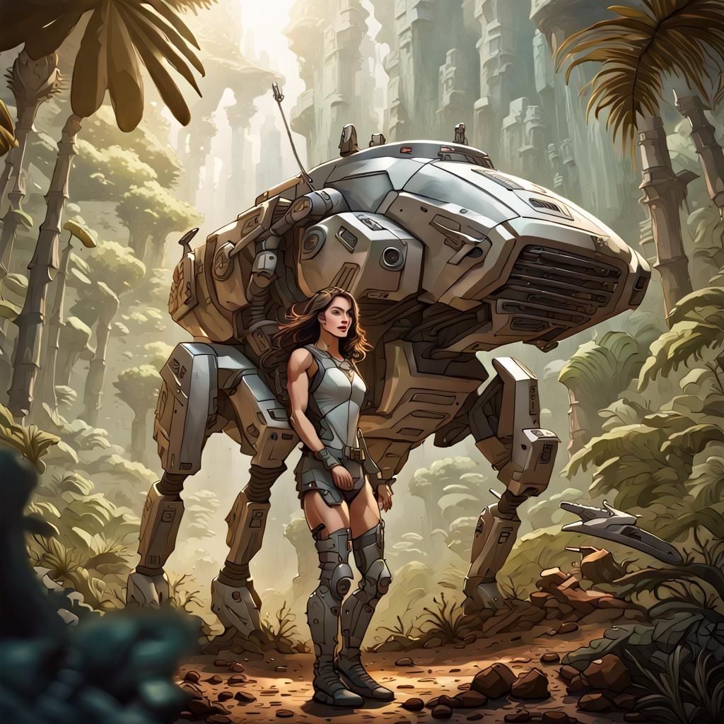 Huntress on Beast in Alien Jungle, Photorealistic Style