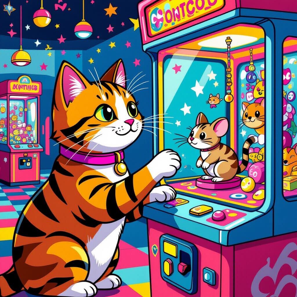 Cat Operates Claw Machine to Catch Mouse in Vibrant Arcade