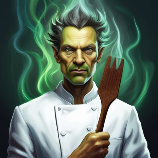 Green Dragon with Fork and Spatula, Hyperrealistic Art