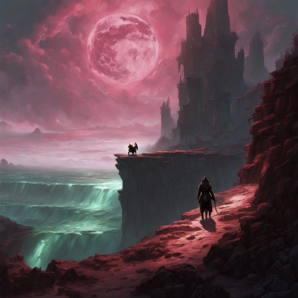 Monkey on Alien Cliff Overlooking Ocean Under Multiple Moons