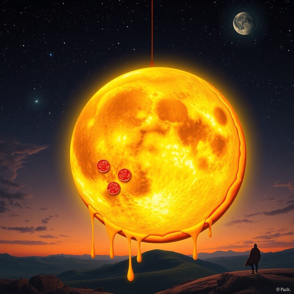 Surreal Pizza Moon in Starry Sky, Dreamlike Art