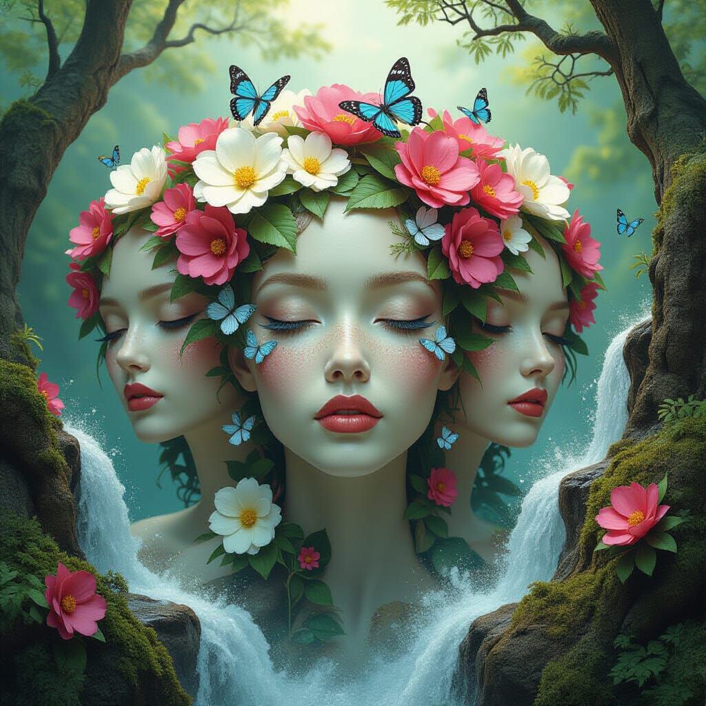 Surreal Faces Emerging from Nature in Dreamlike Style