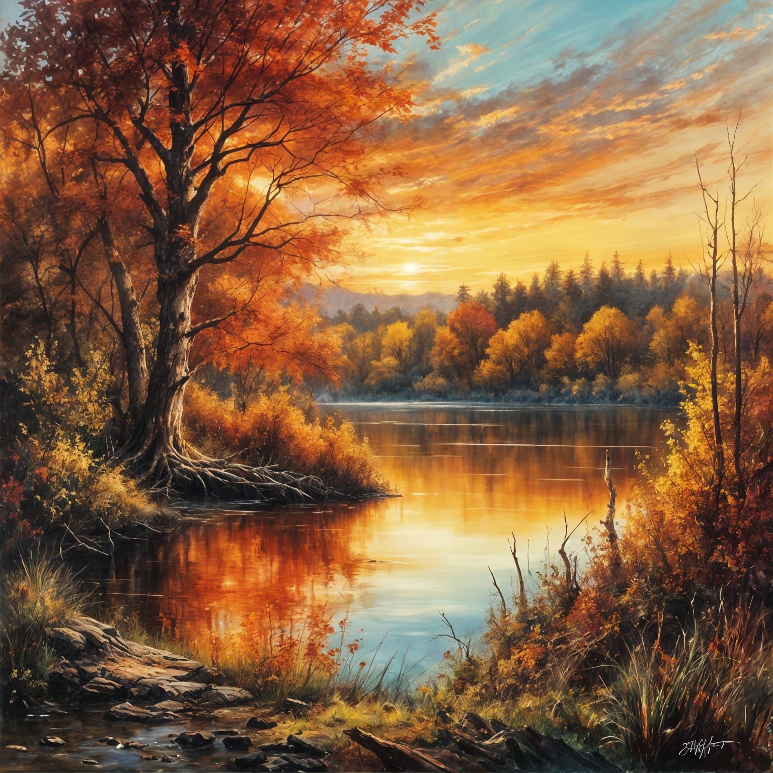 Autumn Lake Sunset: Oil Painting in Ultra HD