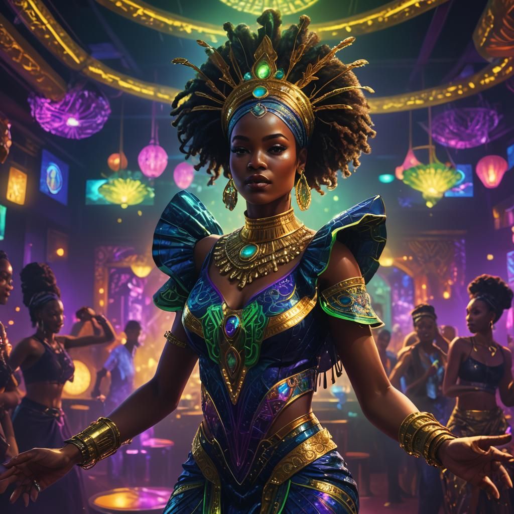African Woman Dancing in Surreal Neon Nightclub