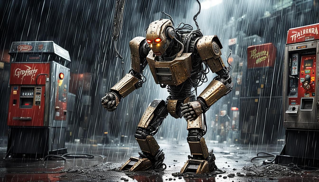 Robot Punches Vending Machine in Dystopian Cityscape