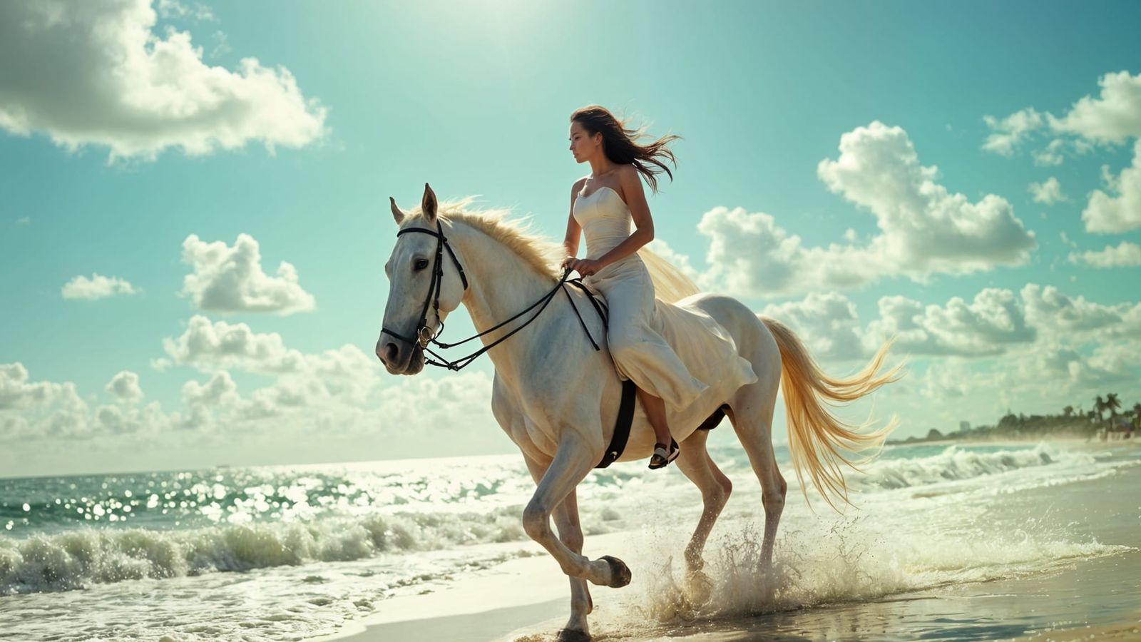 Asian Woman Rides White Horse on Sunny Beach