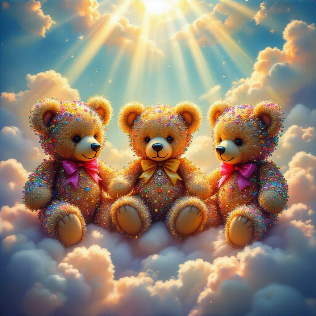 Teddy Bears Floating in a Dreamlike Cloudscape