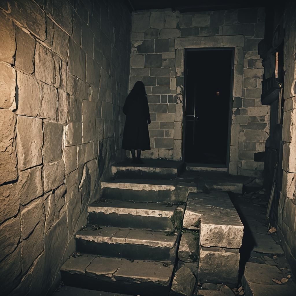 Ominous Silhouette: Woman in Dark Basement