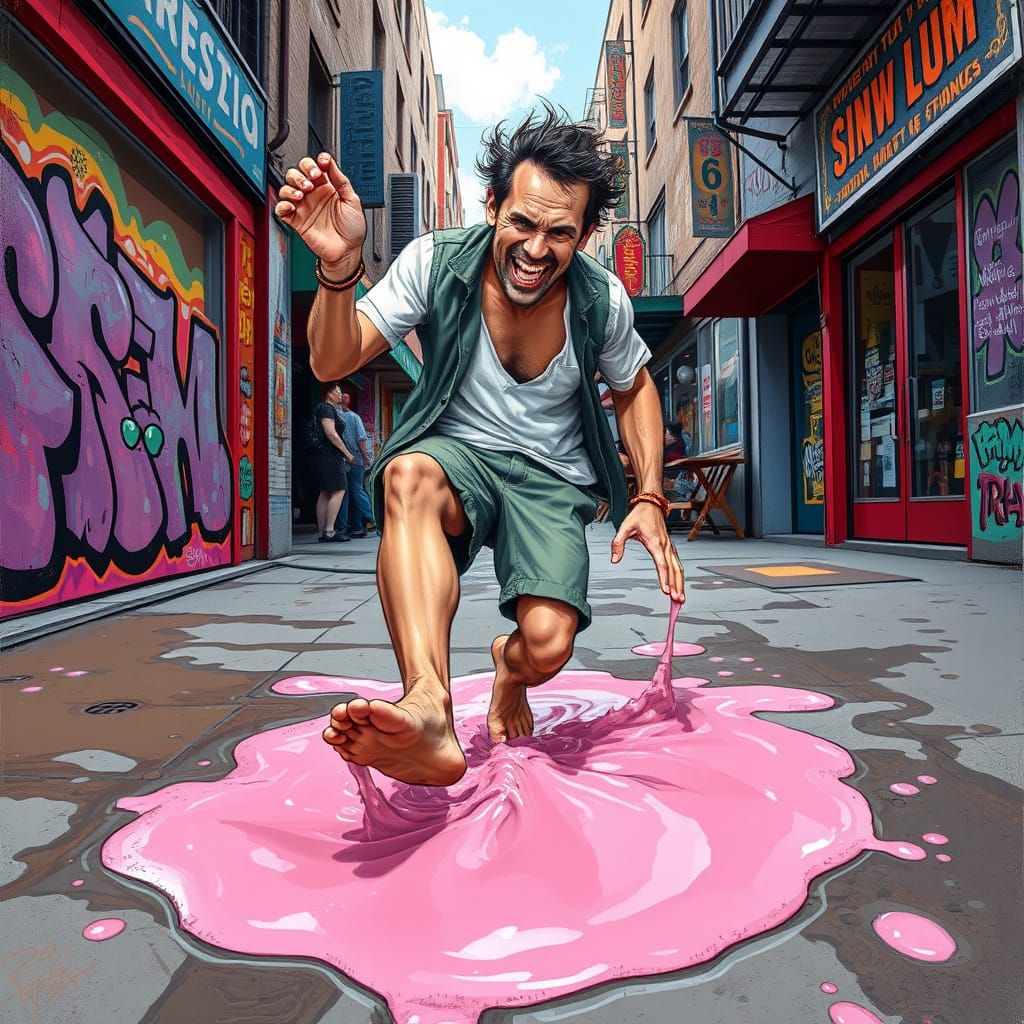 Man Trapped in Sticky Gum Puddle in Urban Street Scene
