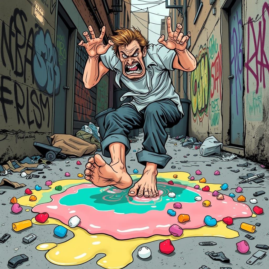 Man Stuck in Sticky Chewing Gum Puddle in Urban Alleyway