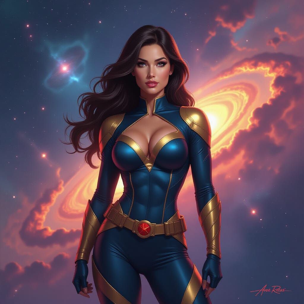 Muscular Superheroine in Cosmic Interstellar Setting