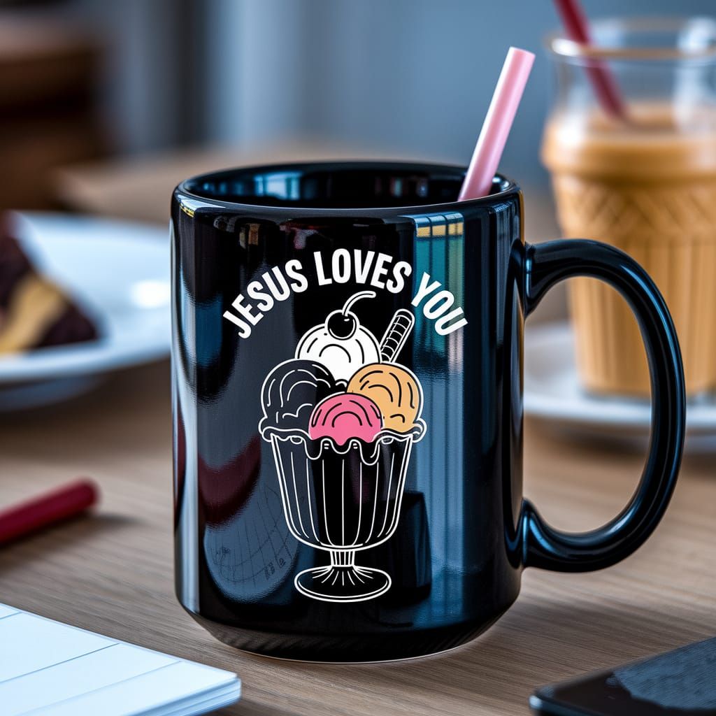 Black Coffee Mug with Ice Cream Art, "Jesus Loves You"