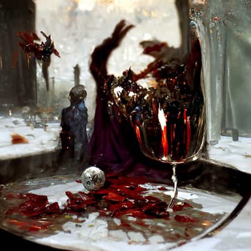 Shattered Wine Glass in Horror Engraving Style