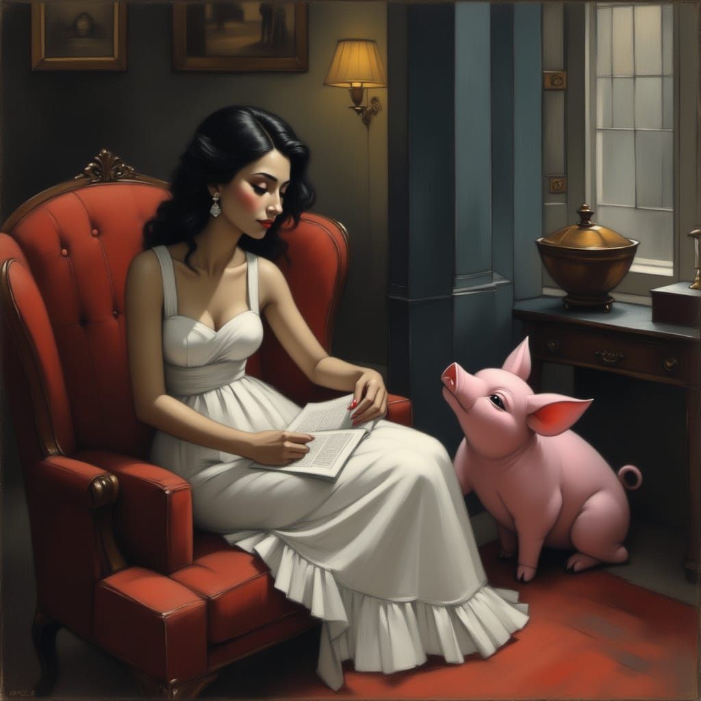Elegant Woman with Piglet Doing Crosswords in Armchair