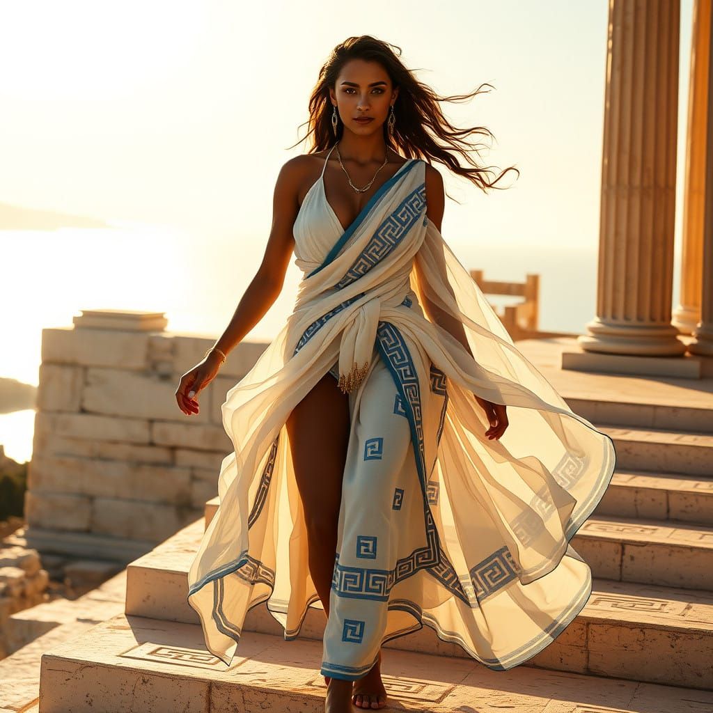 Sensual Goddess Descends Temple Steps in Dawn's Golden Light