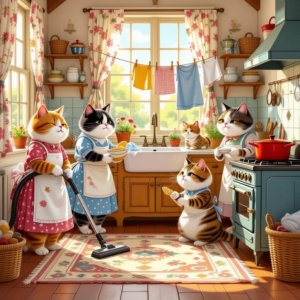 Cats Doing Chores in Cozy Storybook Style
