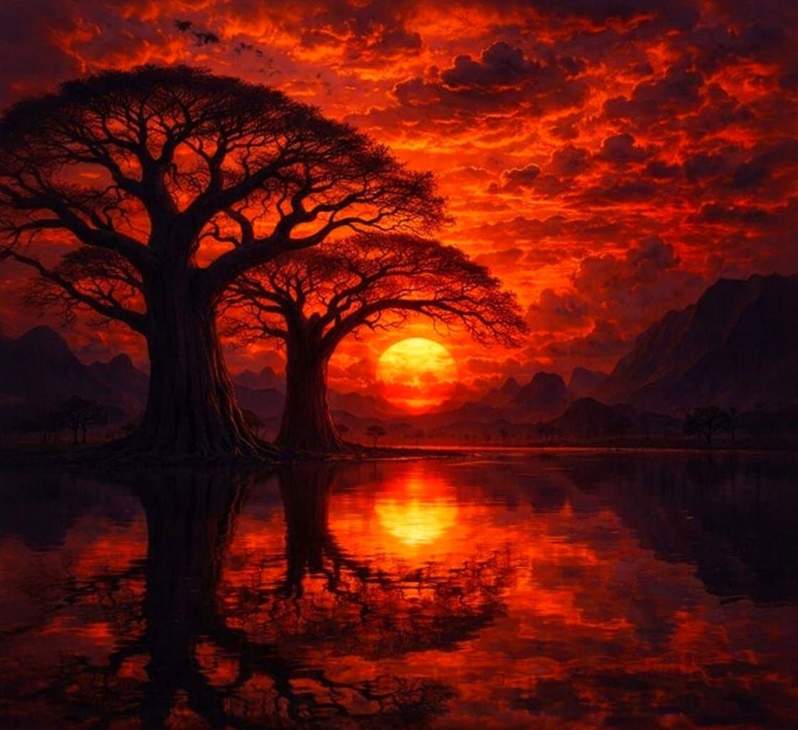 African Savanna Sunset Over Rippling Lake in Oil Painting St...