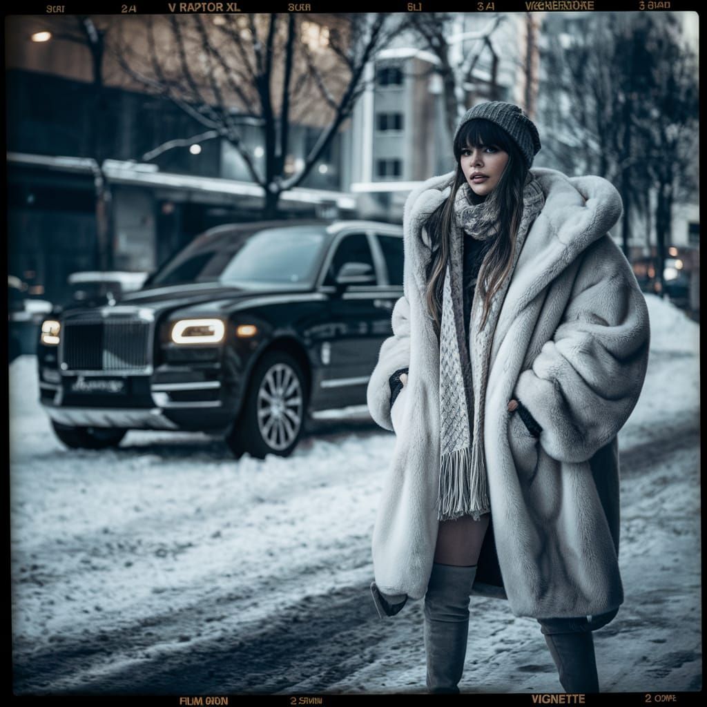 Snowy City Scene with Woman in Fur Coat