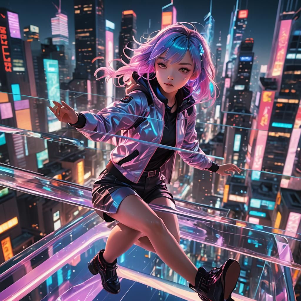 Neon Cityscape: Girl on a Glass Slide in 3D Anime Style