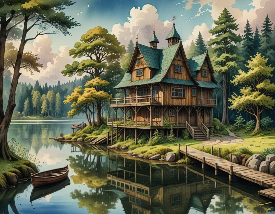 Medieval Wooden Manor Beside Serene Lake
