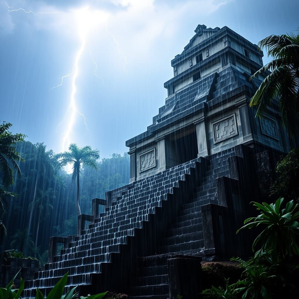 Mayan Temple Illuminated by Lightning in Cinematic Style