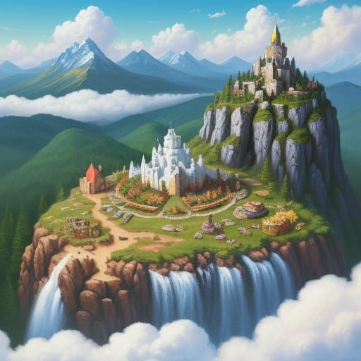 Devil & Angel Picnic on Fake Mountain in Oil Painting Style